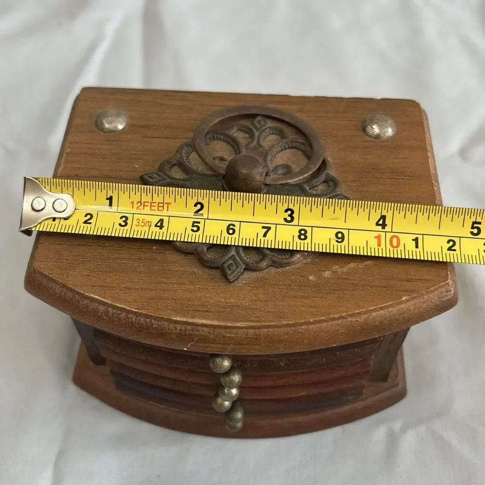 Vtg Wood & Cork Coaster Set of 8 Wood Caddy Carrier Brass Accents Boho Barware